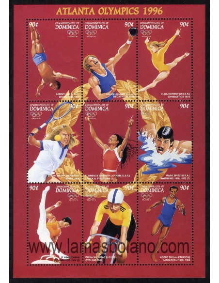 SELLOS DOMINICA 1996 - OLIMPIADA DE ATLANTA - VENCEDORES EN JUEGOS ANTERIORES - 9 VALORES EMITIDOS EN HOJITA - CORREO