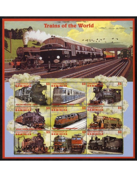 SELLOS DOMINICA 1996 - LOCOMOTORAS - TRENES DEL MUNDO - 9 VALORES EMITIDOS EN HOJITA - CORREO