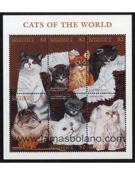 SELLOS DOMINICA 1997 - GATOS DEL MUNDO - 6 VALORES EMITIDOS EN HOJITA - CORREO