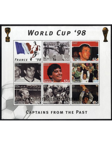 SELLOS DOMINICA 1997 - COPA DEL MUNDO DE FUTBOL FRANCE 1998 - GRANDES JUGADORES - 8 VALORES EMITIDOS EN HOJITA - CORREO