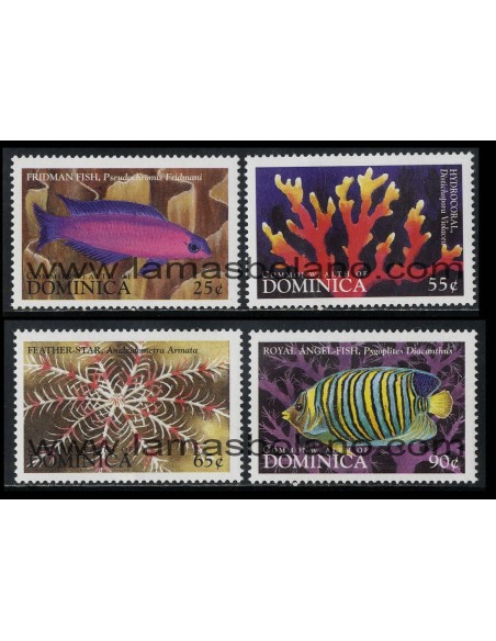 SELLOS DOMINICA 1998 - AÑO INTERNACIONAL DEL OCEANO - FAUNA MARINA - 4 VALORES - CORREO