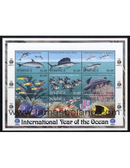 SELLOS DOMINICA 1998 - AÑO INTERNACIONAL DEL OCEANO - FAUNA MARINA - 9 VALORES EMITIDOS EN HOJITA - CORREO