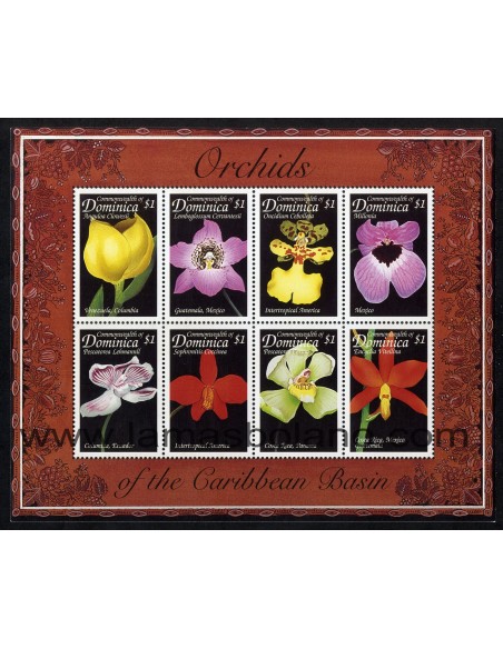 SELLOS DOMINICA 1999 - ORQUIDEAS DEL CARIBE - FLORES - 8 VALORES EMITIDOS EN HOJITA -CORREO
