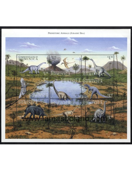 SELLOS DOMINICA 1999 - ANIMALES PREHISTORICOS - PERIODO JURASICO - 9 VALORES EMITIDOS EN HOJITA - CORREO