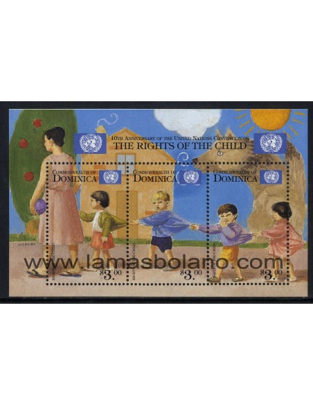 SELLOS DOMINICA 1999 - CONVENCION DE LA ONU POR LOS DERECHOS DE LOS NIÑOS 10 ANIVERSARIO - 3 VALORES EMITIDOS EN HOJITA - CORREO
