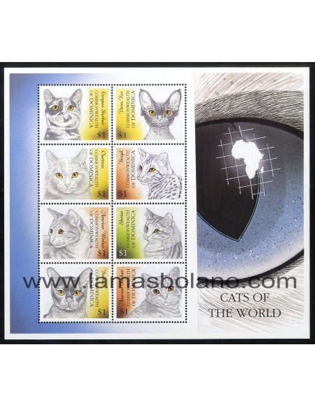SELLOS DOMINICA 2000 - GATOS DEL MUNDO - FAUNA - 8 VALORES EMITIDOS EN HOJITA - CORREO
