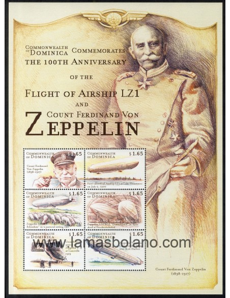 SELLOS DOMINICA 2000 - CENTENARIO DEL PRIMER VUELO DE UN ZEPPELIN - 6 VALORES EMITIDOS EN HOJITA - CORREO