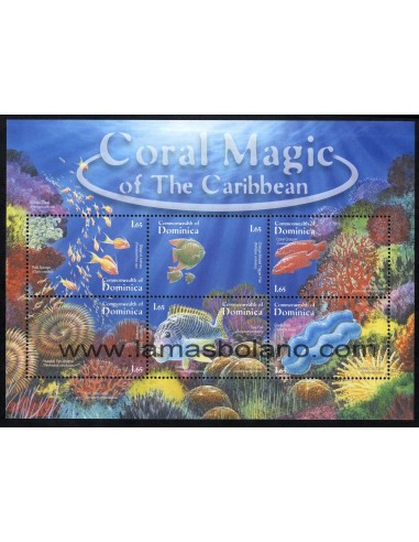 SELLOS DOMINICA 2000 - FAUNA MARINA DE LOS ARRECIFES DE CORAL - 6 VALORES EMITIDOS EN HOJITA - CORREO