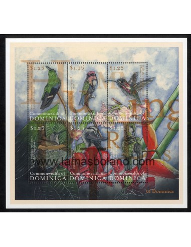 SELLOS DOMINICA 2001 - COLIBRIS - FAUNA - 6 VALORES EMITIDOS EN HOJITA - CORREO