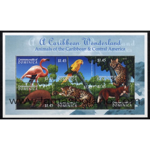 SELLOS DOMINICA 2001 - FAUNA DEL CARIBE Y AMERICA CENTRAL - 6 VALORES EMITIDOS EN HOJITA - CORREO