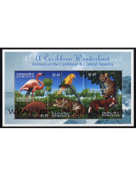 SELLOS DOMINICA 2001 - FAUNA DEL CARIBE Y AMERICA CENTRAL - 6 VALORES EMITIDOS EN HOJITA - CORREO