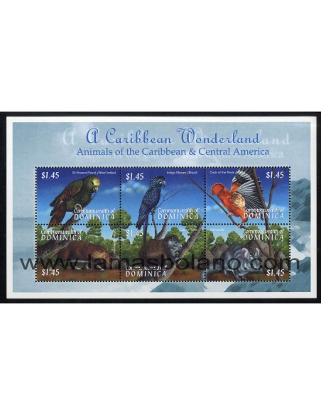 SELLOS DOMINICA 2001 - FAUNA DEL CARIBE Y AMERICA CENTRAL - 6 VALORES EMITIDOS EN HOJITA - CORREO