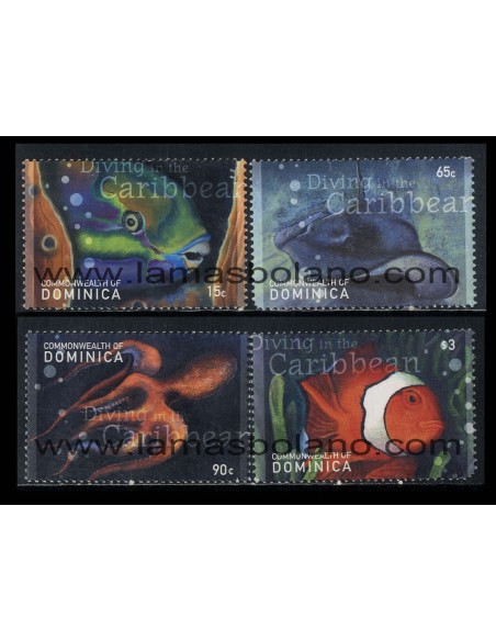 SELLOS DOMINICA 2001 - FAUNA MARINA DEL CARIBE - 4 VALORES - CORREO