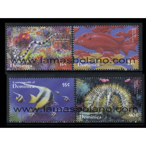 SELLOS DOMINICA 2001 - FAUNA MARINA - 4 VALORES - CORREO