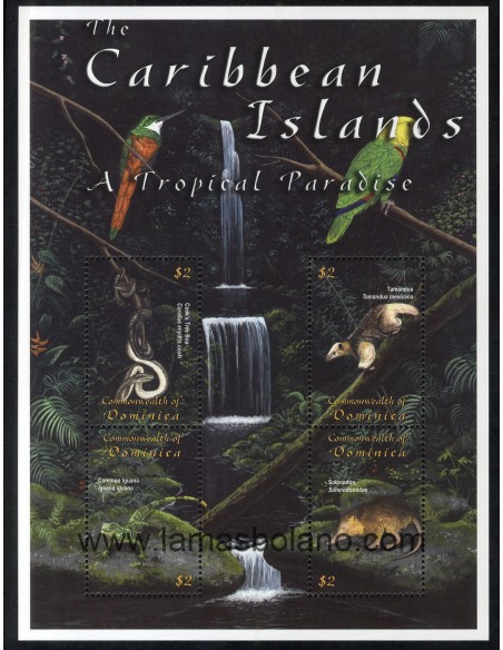 SELLOS DOMINICA 2001 - FAUNA DEL CARIBE - 4 VALORES EMITIDOS EN HOJITA - CORREO