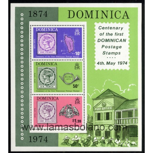 SELLOS DOMINICA 1974 - CENTENARIO DEL PRIMER SELLO DE DOMINICA - HOJITA BLOQUE