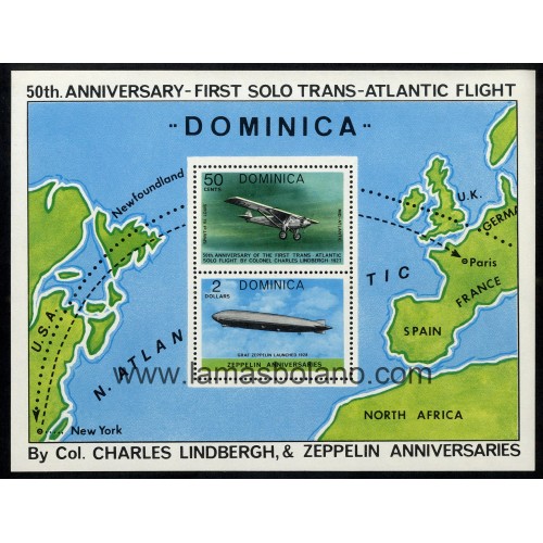 SELLOS DOMINICA 1978 - TRAVESIA DEL ATLANTICO POR CHARLES LINDBERGH 50 ANIVERSARIO Y ANIVERSARIO ZEPELIN - HOJITA BLOQUE