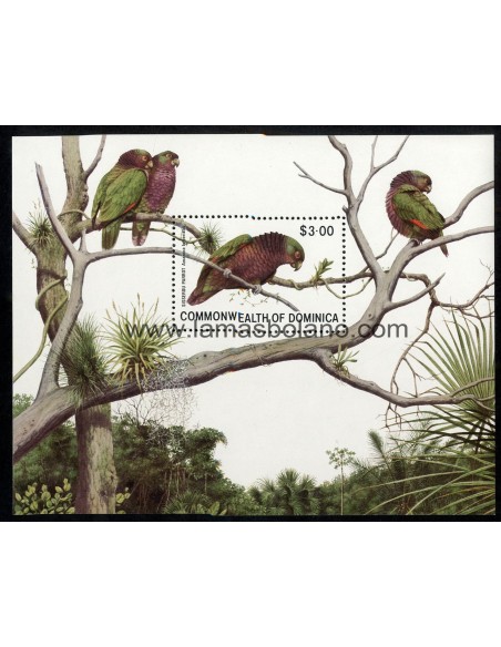 SELLOS DOMINICA 1981 - PAJAROS - AMAZONA IMPERIALIS - HOJITA BLOQUE
