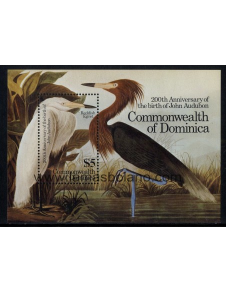SELLOS DOMINICA 1985 - J.J. AUDUBON BICENTENARIO DEL NACIMIENTO DEL ORNITOLOGO - PAJARO - HOJITA BLOQUE