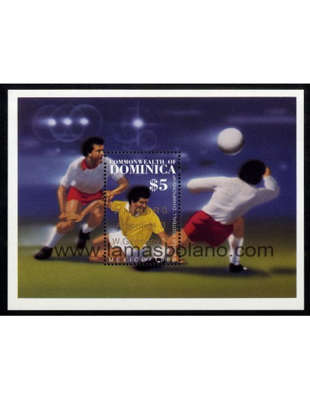 SELLOS DOMINICA 1986 - COPA DEL MUNDO DE FUTBOL MEXICO 1986 - VENCEDORES - HOJITA BLOQUE SOBRECARGADA