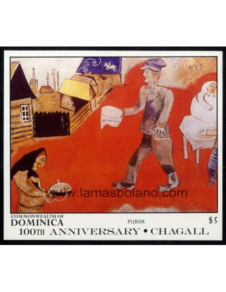 SELLOS DOMINICA 1987 - MARC CHAGALL CENTENARIO DEL NACIMIENTO - PINTURA - HOJITA BLOQUE