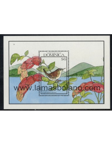 SELLOS DOMINICA 1990 - FAUNA - PAJARO - TROGLODYTES AEDON - HOJITA BLOQUE