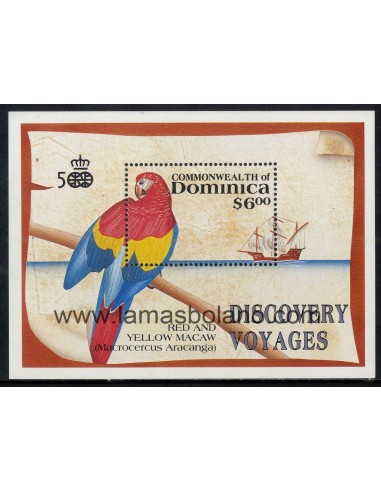 SELLOS DOMINICA 1991 - 500 ANIVERSARIO DEL DESCUBRIMIENTO DE AMERICA POR CRISTOBAL COLON - VELERO Y PAJARO - HOJITA BLOQUE