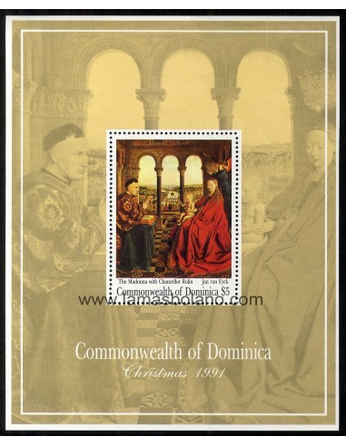 SELLOS DOMINICA 1991 - NAVIDAD - PINTURA DE JAN VAN EYCK - HOJITA BLOQUE