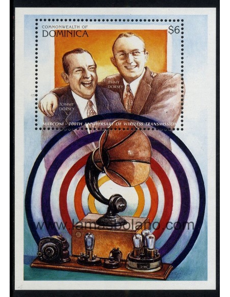 SELLOS DOMINICA 1996 - CENTENARIO DE LA RADIO - TOMMY DORSEY - JIMMY DORSEY - HOJITA BLOQUE