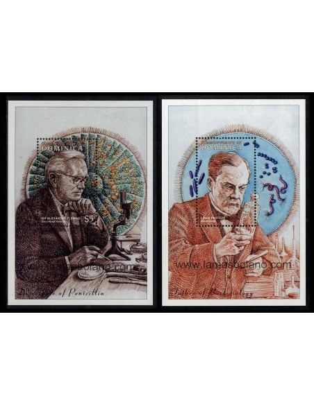 SELLOS DOMINICA 1997 - ACONTECIMIENTOS DE LA MEDICINA - ALEXANDER FLEMING - LOUIS PASTEUR - 2 HOJITAS BLOQUE