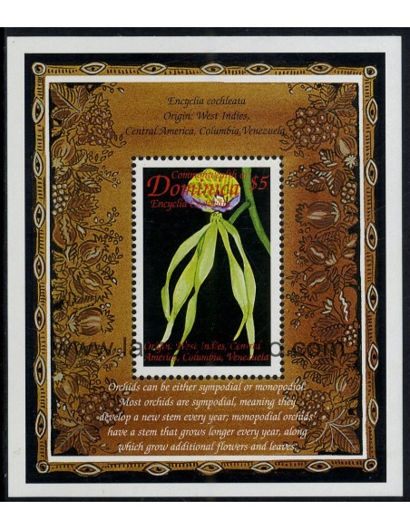 SELLOS DOMINICA 1999 - ORQUIDEAS DEL CARIBE - ENCYCLIA COCHLEATA - HOJITA BLOQUE