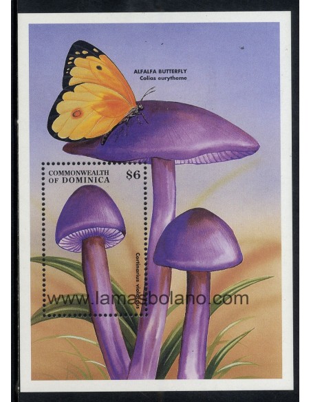 SELLOS DOMINICA 1998 - SETAS - MARIPOSAS - COLIAS EURYTHEME - CORTINARIUS VIOLACEUS - HOJITA BLOQUE