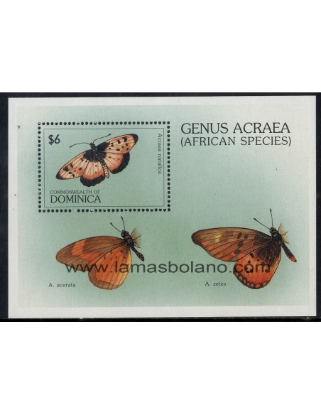 SELLOS DOMINICA 1997 - MARIPOSAS - FAUNA - ACRAEA NATALICA - HOJITA BLOQUE