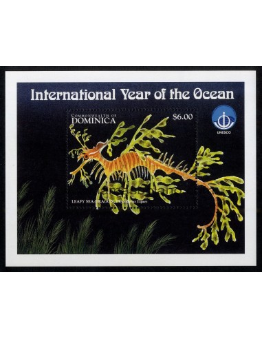 SELLOS DOMINICA 1998 - AÑO INTERNACIONAL DEL OCEANO - PHYCODURUS EQUES - HOJITA BLOQUE