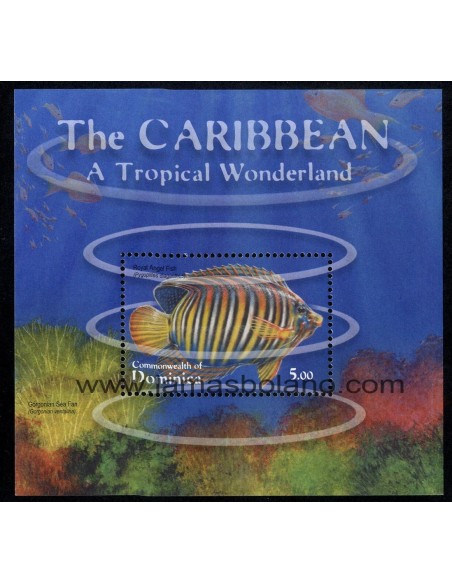 SELLOS DOMINICA 2001 - FAUNA MARINA TROPICAL - PEZ ANGEL REAL - HOJITA BLOQUE