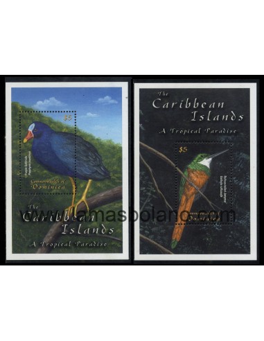 SELLOS DOMINICA 2001 - FAUNA DEL CARIBE - PORPHYRIO MARTINICA - GALBULA RUFICAUDA - 2 HOJITAS BLOQUE