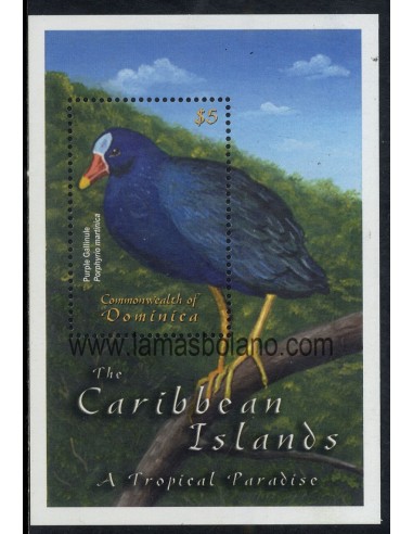 SELLOS DOMINICA 2001 - FAUNA DEL CARIBE - PORPHYRIO MARTINICA - GALBULA RUFICAUDA - 2 HOJITAS BLOQUE