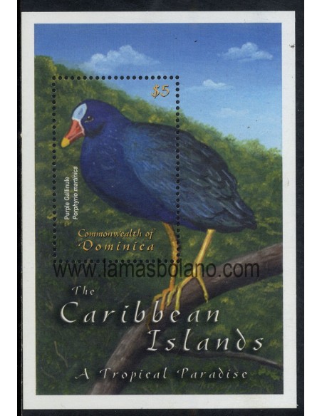 SELLOS DOMINICA 2001 - FAUNA DEL CARIBE - PORPHYRIO MARTINICA - GALBULA RUFICAUDA - 2 HOJITAS BLOQUE
