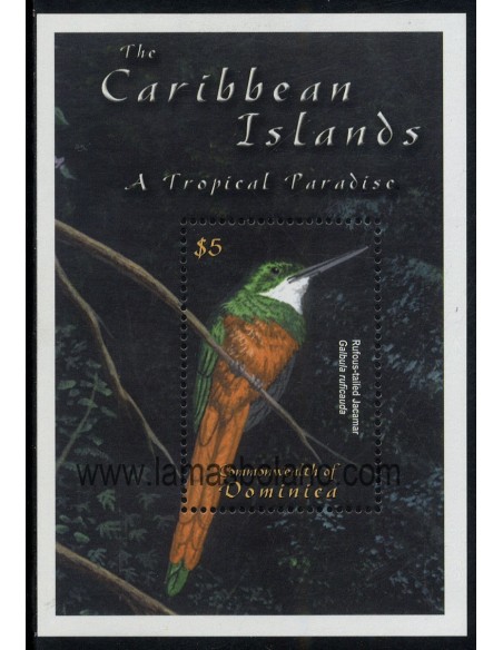 SELLOS DOMINICA 2001 - FAUNA DEL CARIBE - PORPHYRIO MARTINICA - GALBULA RUFICAUDA - 2 HOJITAS BLOQUE