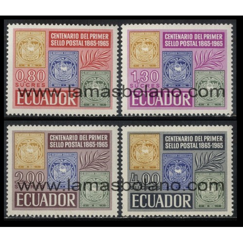 SELLOS ECUADOR 1965 - CENTENARIO DEL SELLO - 4 VALORES FIJASELLO - CORREO