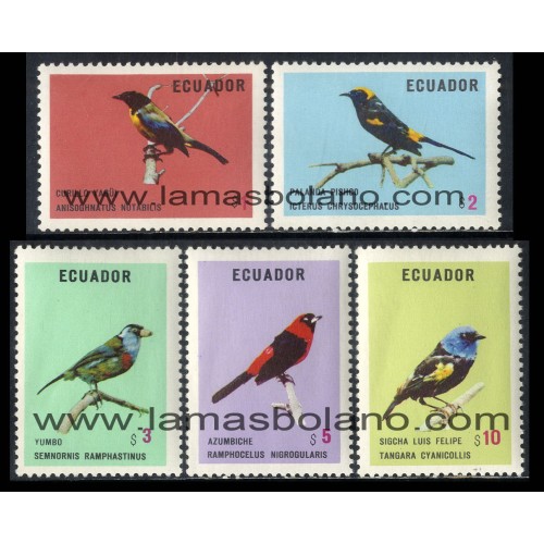SELLOS ECUADOR 1973 - PAJAROS INDIGENAS - 5 VALORES - CORREO