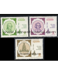 SELLOS ECUADOR 1986 - PRIMERA MISION GEODESICA 250 ANIVERSARIO - 3 VALORES - CORREO