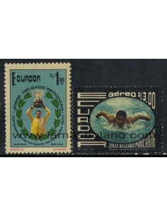 SELLOS ECUADOR 1975 - JORGE DELGADO PONCHANA CAMPEON DE NATACION - 2 VALORES - AEREO