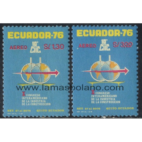 SELLOS ECUADOR 1976 - 10 CONGRESO INTERAMERICANO DE LA INDUSTRIA DE CONSTRUCCION - 2 VALORES - AEREO