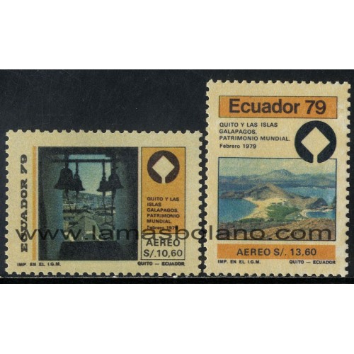 SELLOS ECUADOR 1979 - QUITO Y LAS ISLAS GALAPAGOS PATRIMONIO MUNDIAL - 2 VALORES - AEREO
