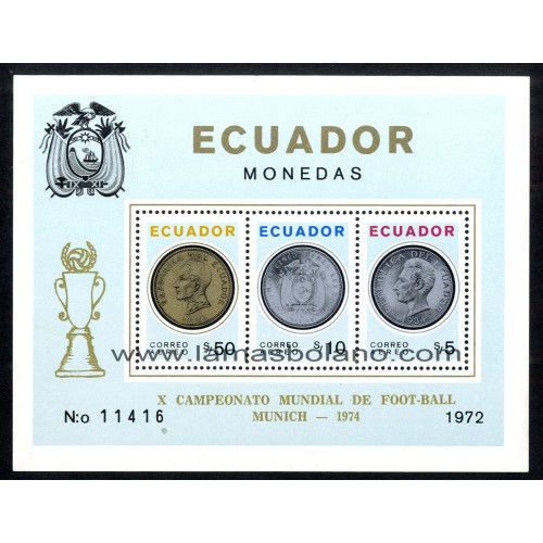 SELLOS ECUADOR 1973 - MONEDAS - SOBRECARGA CAMPEONATO MUNDIAL FUTBOL MUNICH 1974 - HOJITA BLOQUE LIGERAS MARCAS DORSO