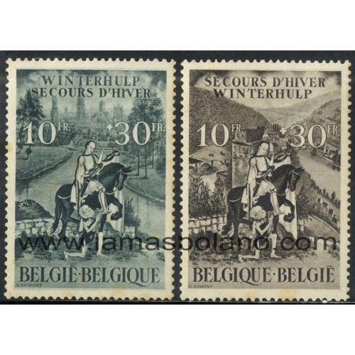 SELLOS BELGICA 1943-44 - SEGURO INVIERNO - ICONOGRAFIA DE SAN MARTIN - 2 VALORES FIJASELLO - CORREO