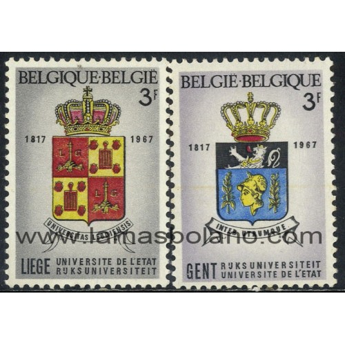 SELLOS BELGICA 1967 - UNIVERSIDAD DE LIEJA Y DE GANTE SESQUICENTENARIO - ESCUDOS - 2 VALORES FIJASELLO - CORREO