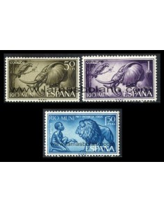 SELLOS RIO MUNI 1966 - PRO INFANCIA - FAUNA - LOXODONTA AFRICANA - PANTHERA LEO - 3 VALORES - CORREO
