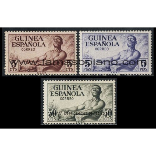 SELLOS GUINEA ESPAÑOLA 1952 - BASICA - INDIGENA CON TAM TAM - 3 VALORES - CORREO